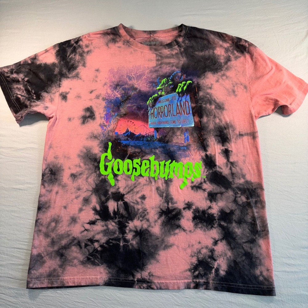 Goosebumps Welcome to Horrorland Tie Dye Graphic T-Shirt Pink Black Large